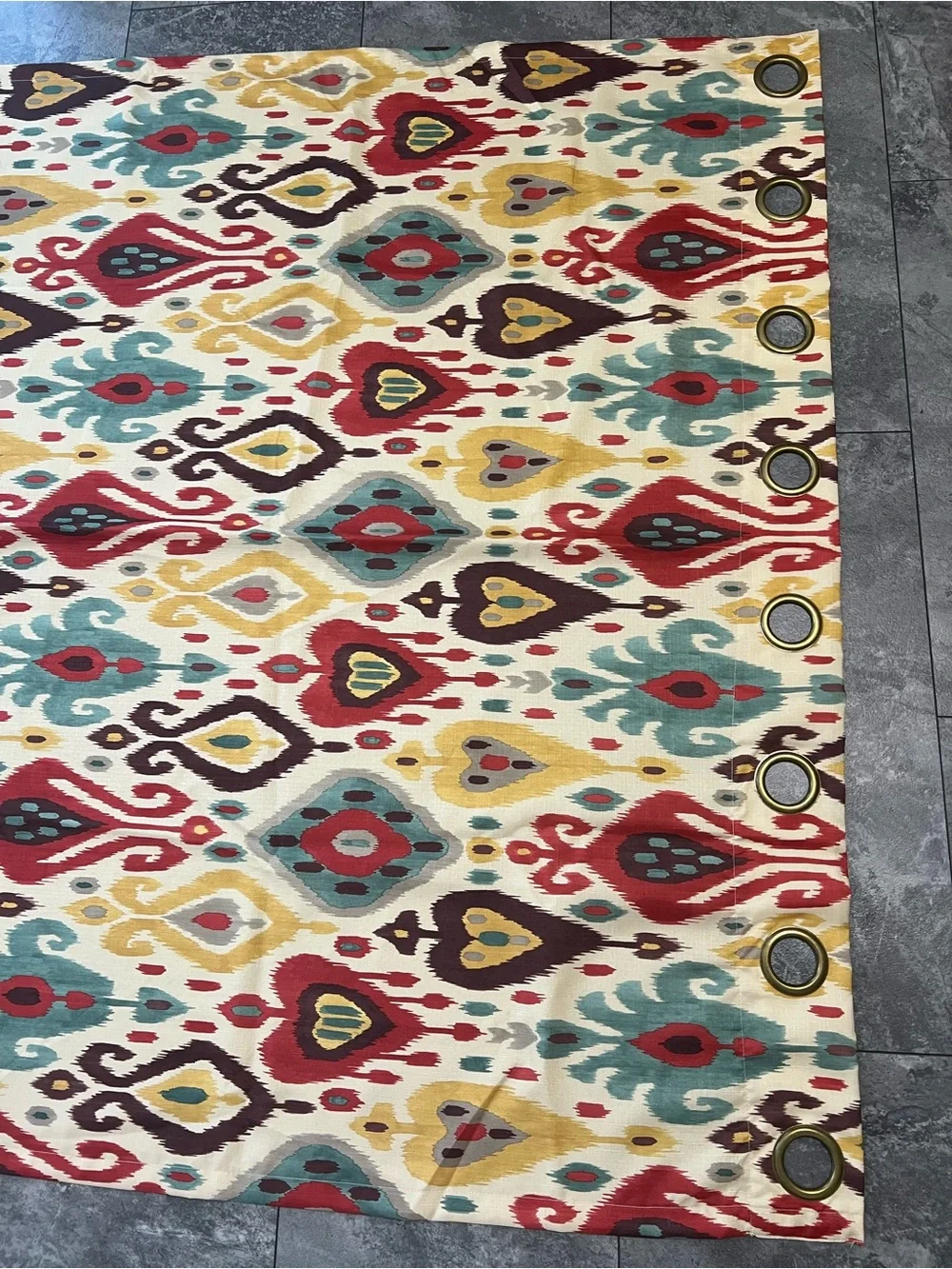 Pier 1 Imports pair of Patterned brass Grommet IKAT Curtain Panels 50” X 84”